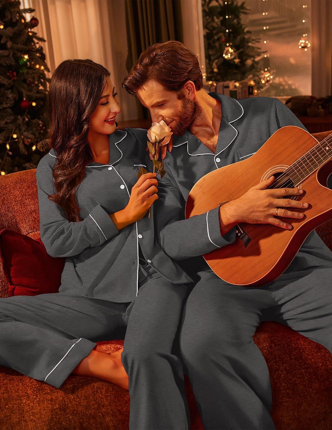 imageEkouaer Couple Matching Pajamas 100 Cotton Long Sleeve Sleepwear Button Down Loungewear Pjs Set SXXLDark Grey