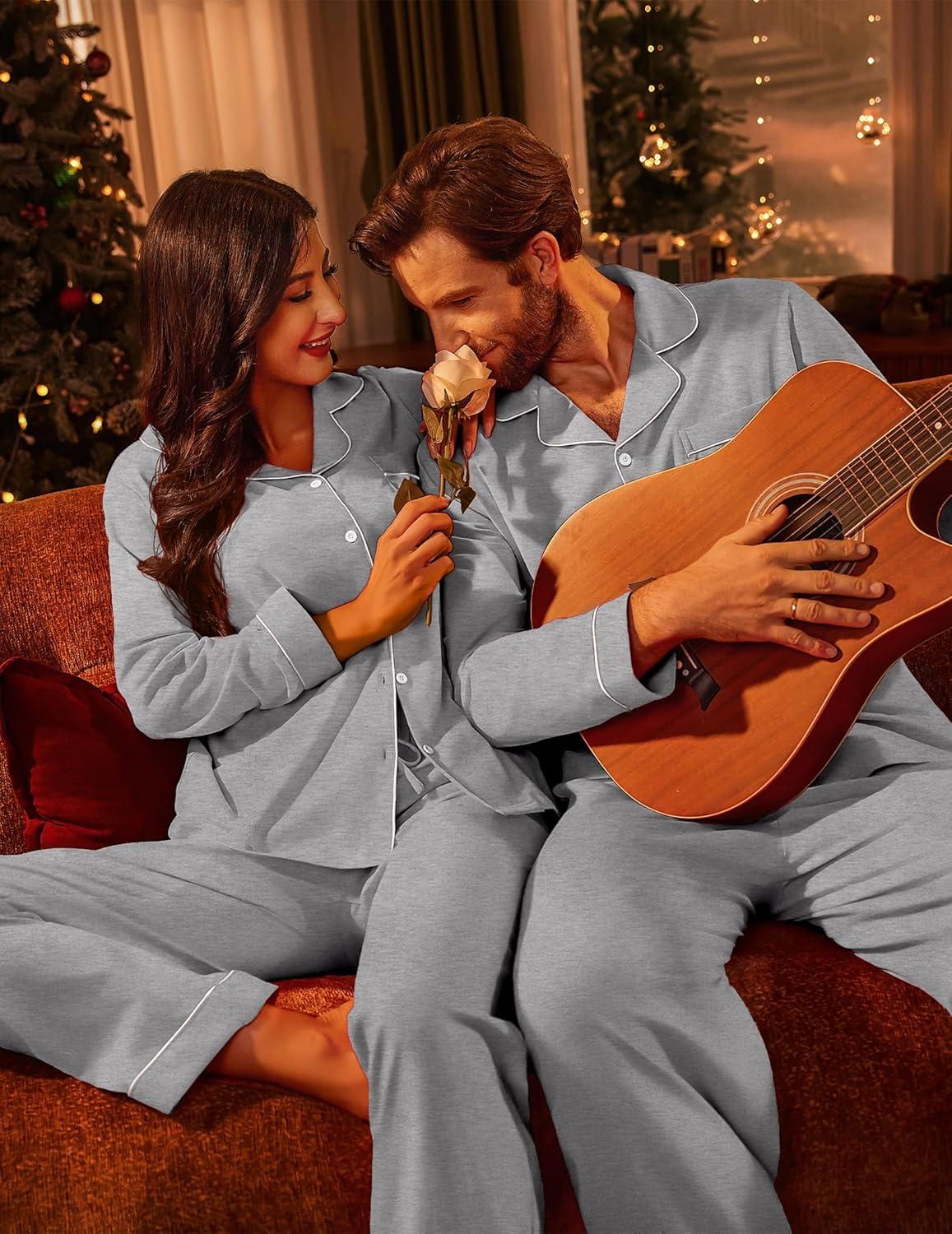 imageEkouaer Couple Matching Pajamas 100 Cotton Long Sleeve Sleepwear Button Down Loungewear Pjs Set SXXLLight Grey