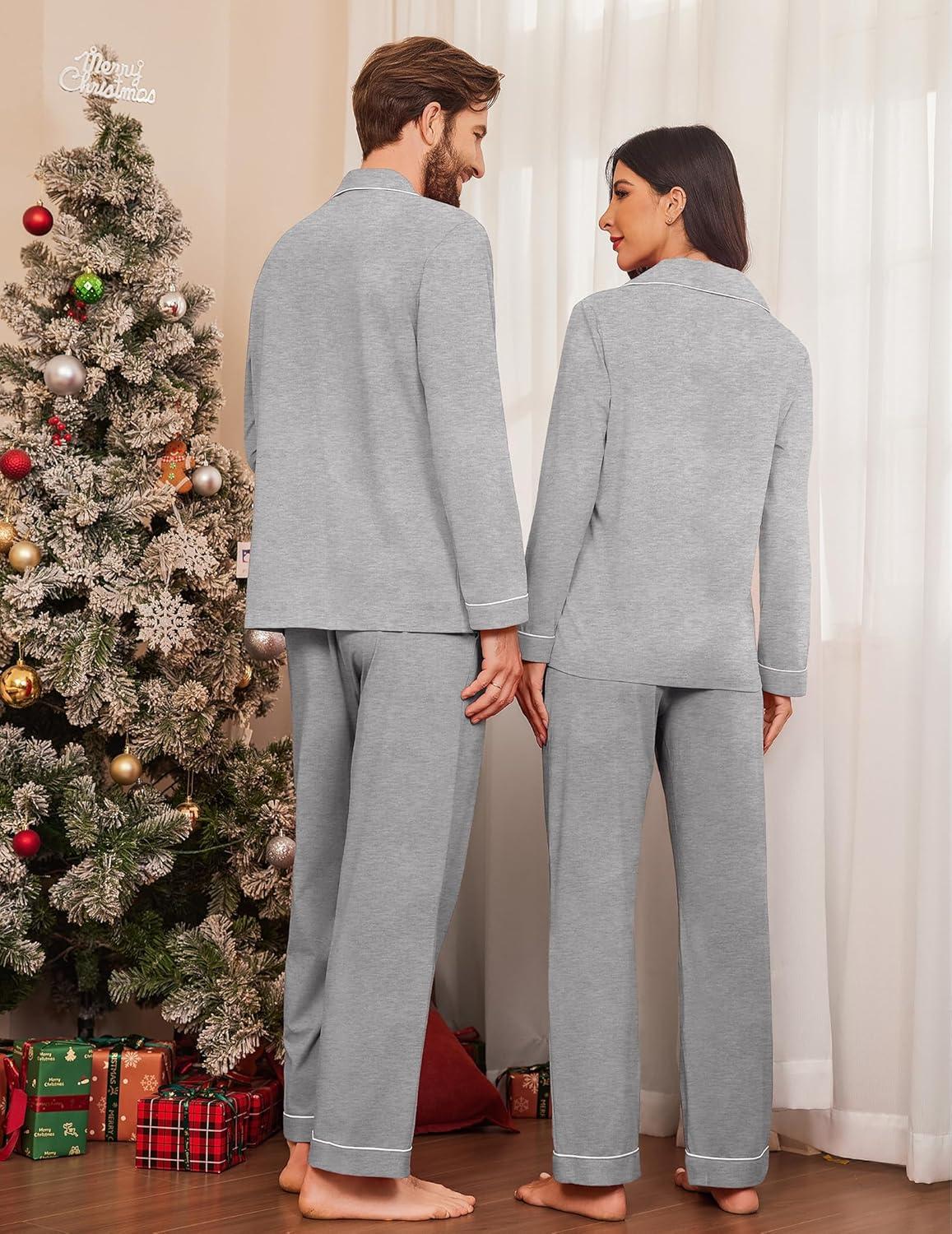 imageEkouaer Couple Matching Pajamas 100 Cotton Long Sleeve Sleepwear Button Down Loungewear Pjs Set SXXLLight Grey