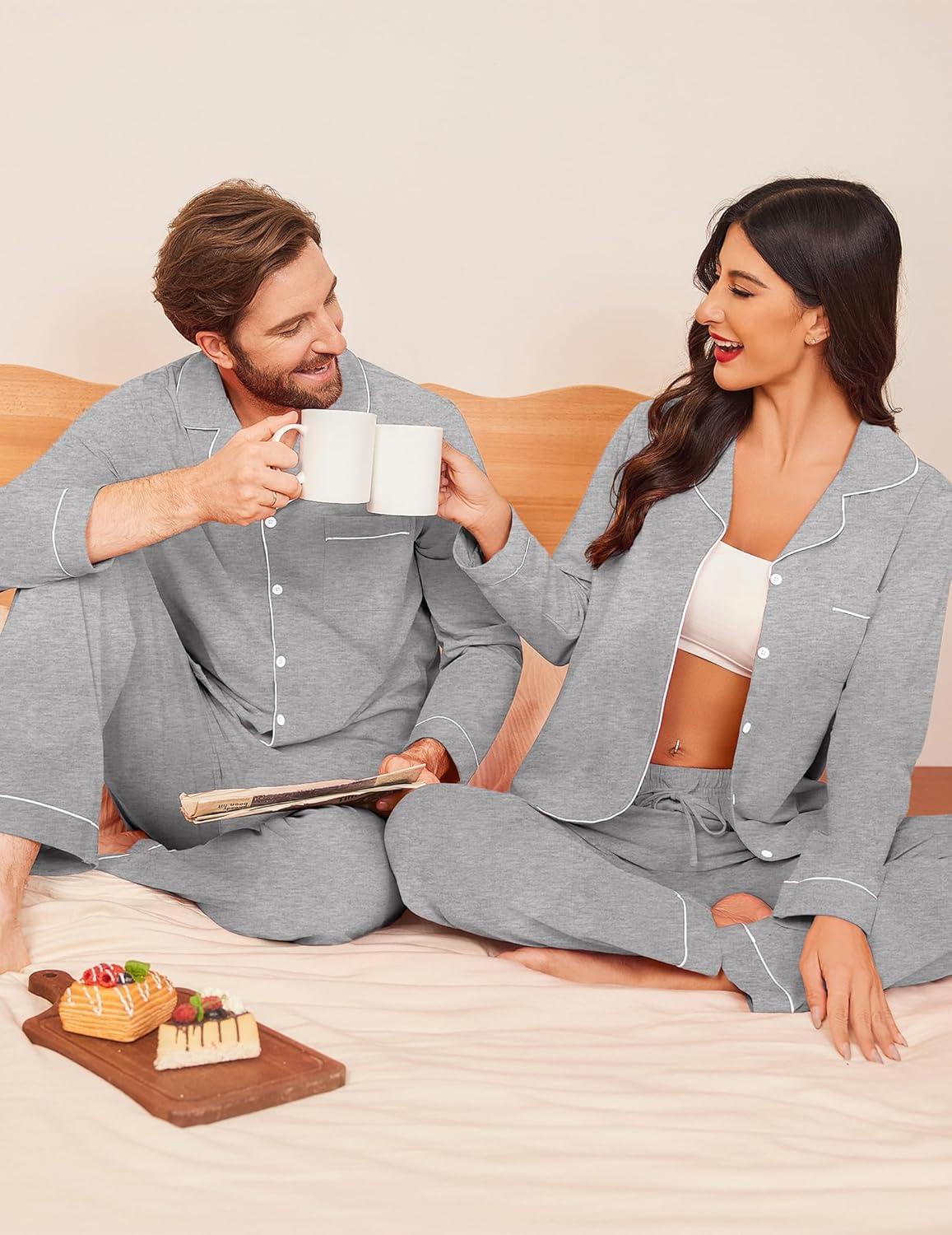 imageEkouaer Couple Matching Pajamas 100 Cotton Long Sleeve Sleepwear Button Down Loungewear Pjs Set SXXLLight Grey