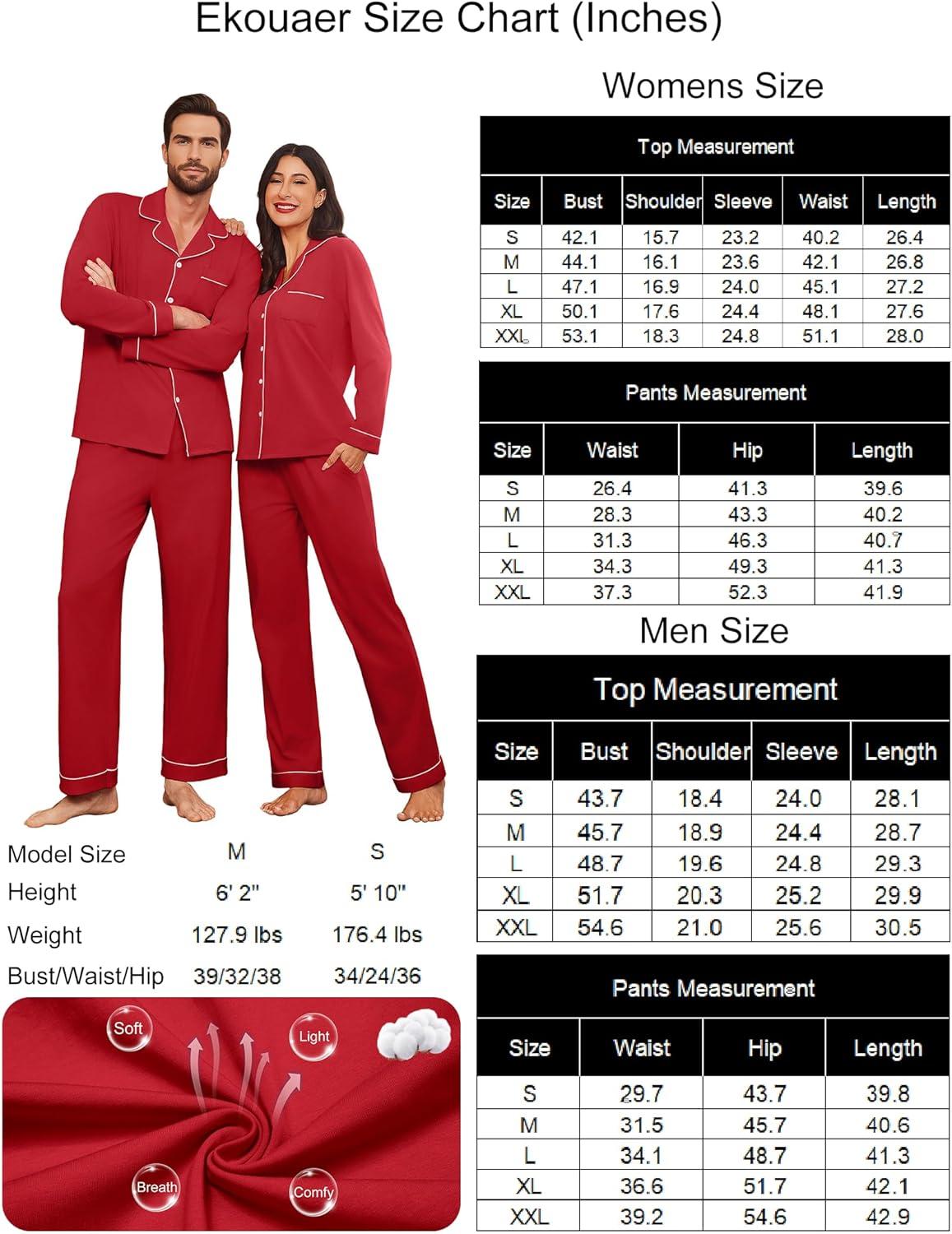 imageEkouaer Couple Matching Pajamas 100 Cotton Long Sleeve Sleepwear Button Down Loungewear Pjs Set SXXLRed