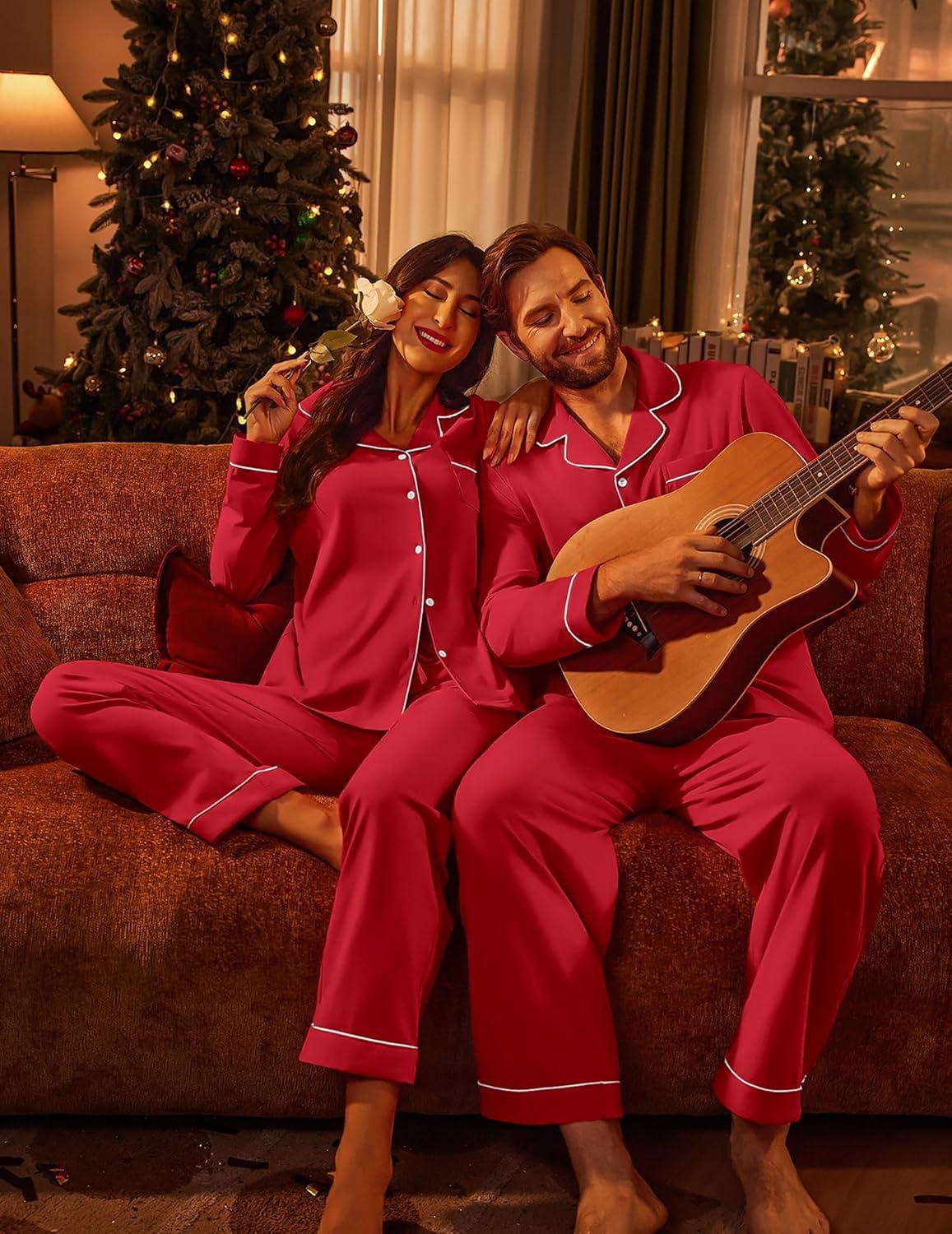 imageEkouaer Couple Matching Pajamas 100 Cotton Long Sleeve Sleepwear Button Down Loungewear Pjs Set SXXLRed
