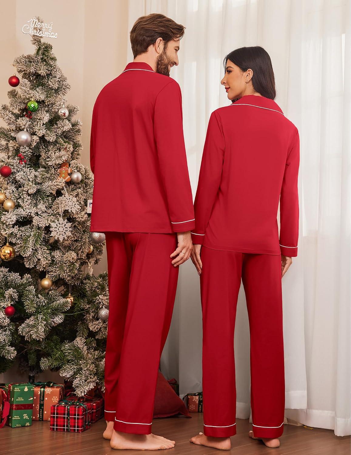 imageEkouaer Couple Matching Pajamas 100 Cotton Long Sleeve Sleepwear Button Down Loungewear Pjs Set SXXLRed