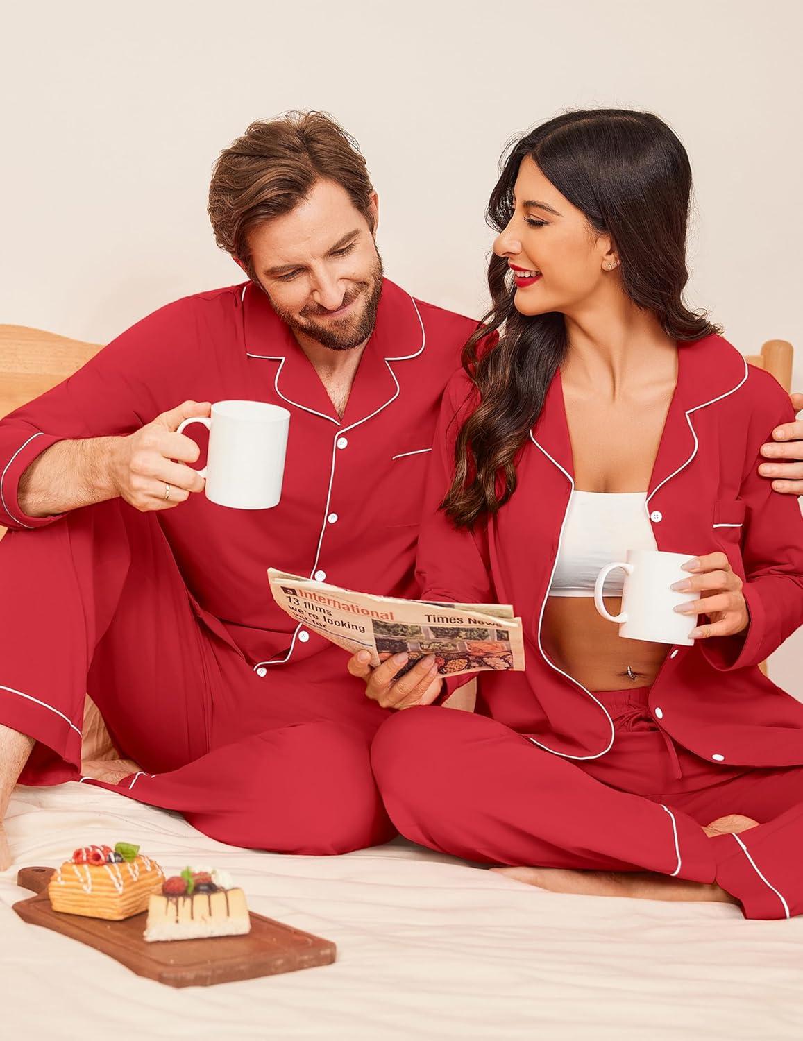 imageEkouaer Couple Matching Pajamas 100 Cotton Long Sleeve Sleepwear Button Down Loungewear Pjs Set SXXLRed