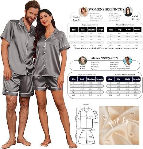 imageEkouaer Couple Matching Pajamas Sets Silk Short Sleeve Button Down Sleepwear Satin Pjs Shorts Set Soft Lounge Set SXXLDark Grey