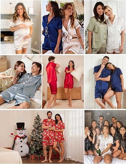 imageEkouaer Couple Matching Pajamas Sets Silk Short Sleeve Button Down Sleepwear Satin Pjs Shorts Set Soft Lounge Set SXXLDark Grey