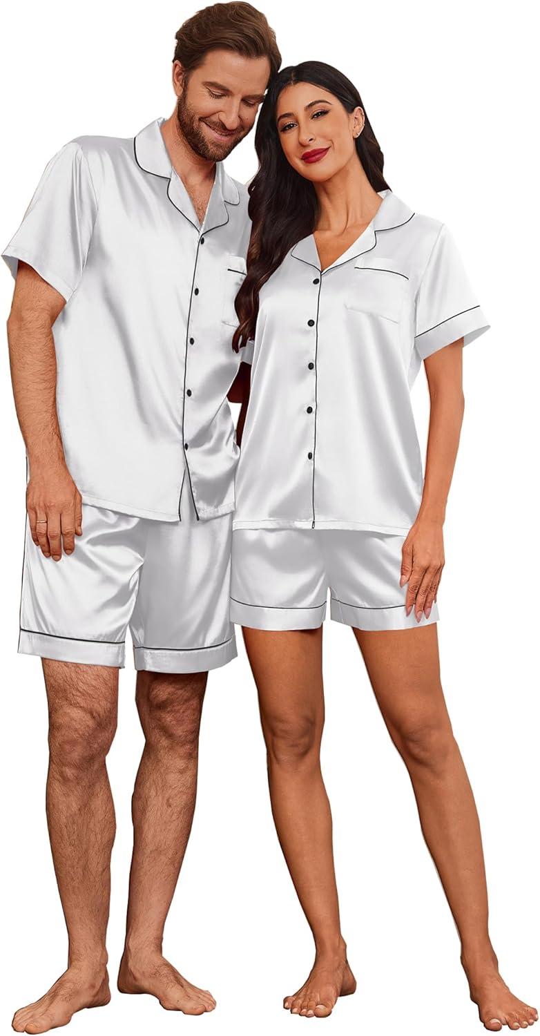 imageEkouaer Couple Matching Pajamas Sets Silk Short Sleeve Button Down Sleepwear Satin Pjs Shorts Set Soft Lounge Set SXXLWhite