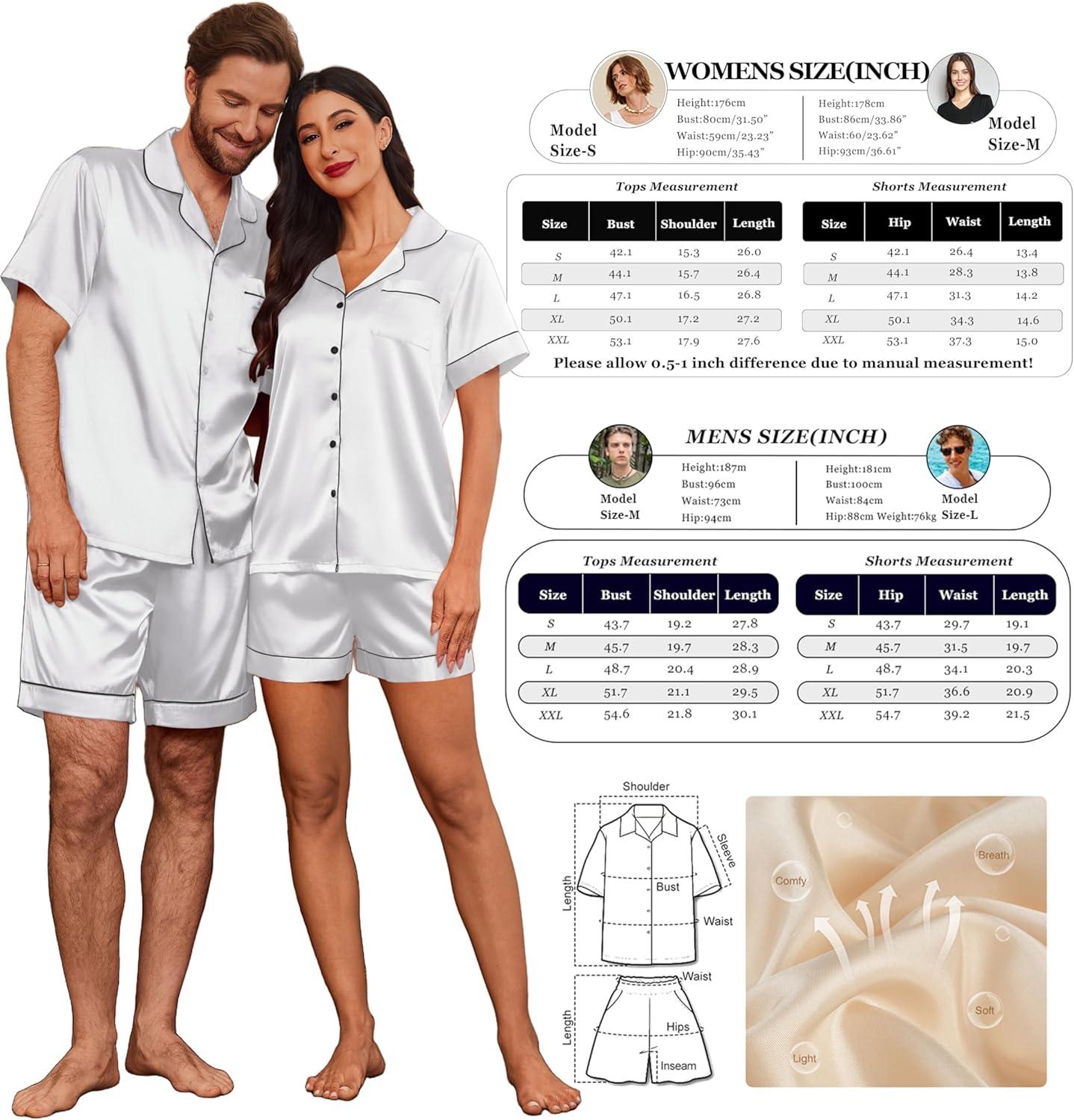 imageEkouaer Couple Matching Pajamas Sets Silk Short Sleeve Button Down Sleepwear Satin Pjs Shorts Set Soft Lounge Set SXXLWhite