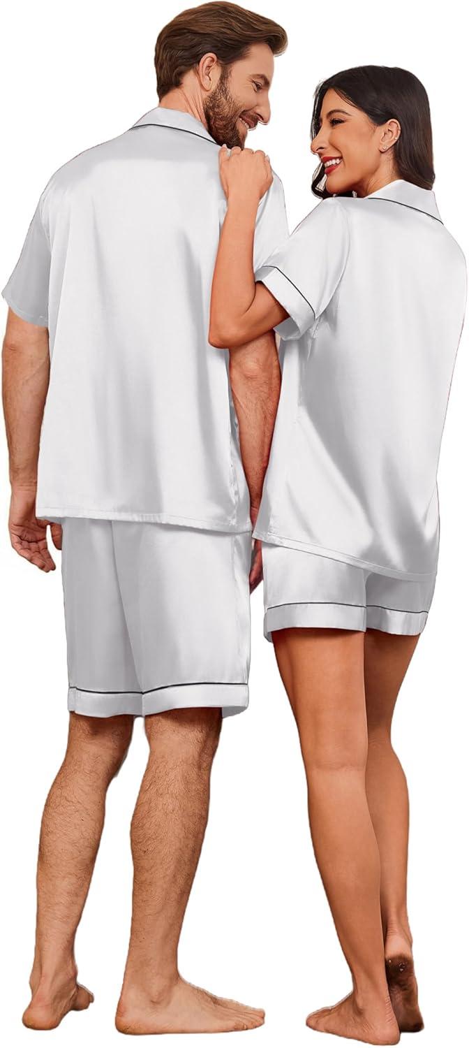 imageEkouaer Couple Matching Pajamas Sets Silk Short Sleeve Button Down Sleepwear Satin Pjs Shorts Set Soft Lounge Set SXXLWhite
