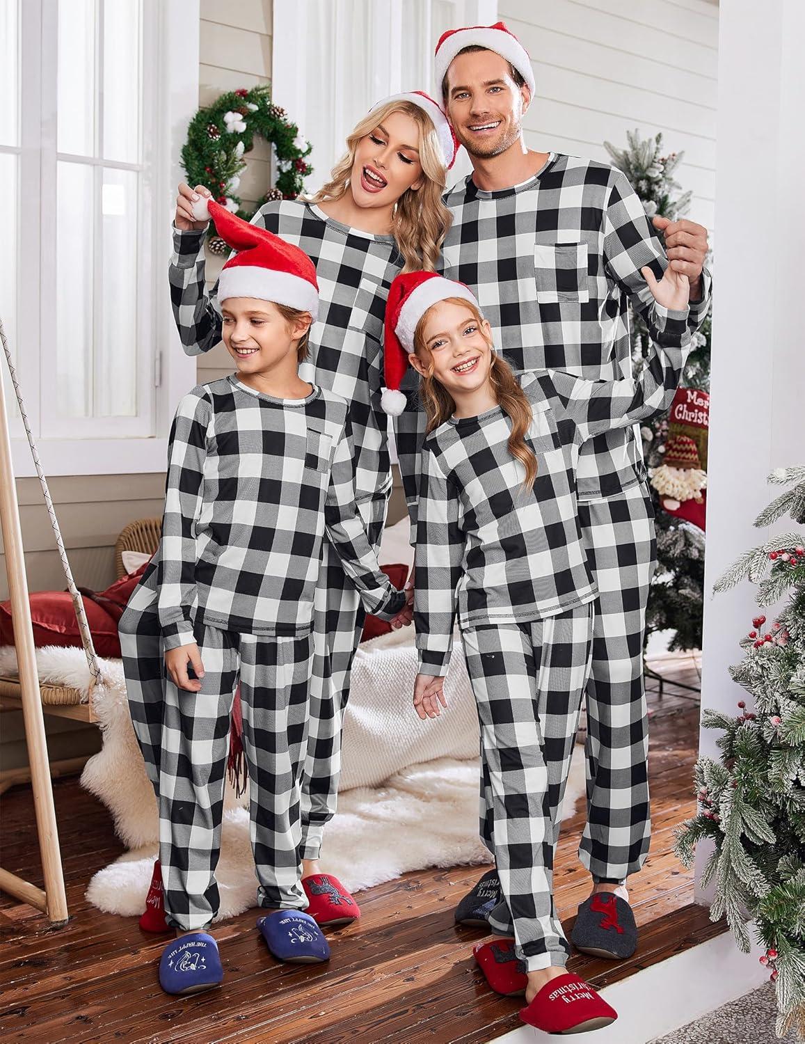 imageEkouaer Family Christmas Pajamas Matching Sets Long Sleeve Holiday Pjs Sleepwear 2 Piece Lounge Sets SXXLBlack and White Plaid