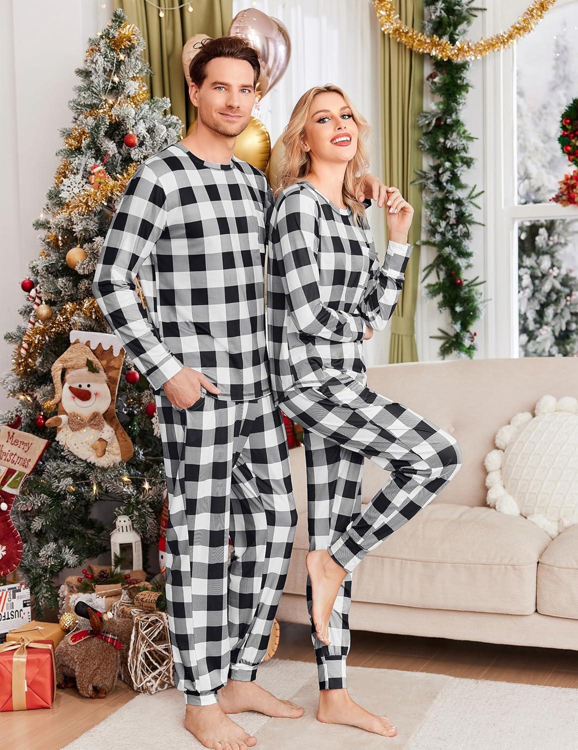 imageEkouaer Family Christmas Pajamas Matching Sets Long Sleeve Holiday Pjs Sleepwear 2 Piece Lounge Sets SXXLBlack and White Plaid