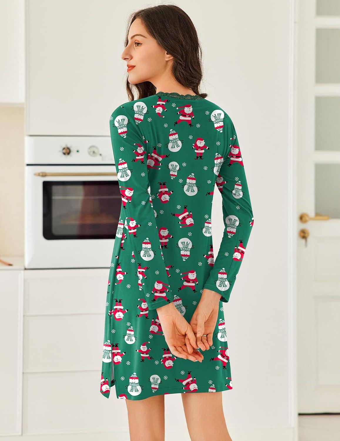 imageEkouaer Long Sleeve Nightgowns for Women Sexy Lace Night Shirt V Neck Sleep Shirt Soft SleepwearChristmas Santa 1