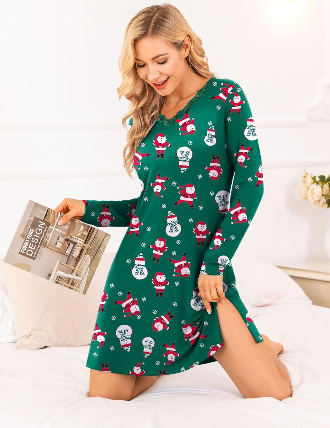imageEkouaer Long Sleeve Nightgowns for Women Sexy Lace Night Shirt V Neck Sleep Shirt Soft SleepwearChristmas Santa 1