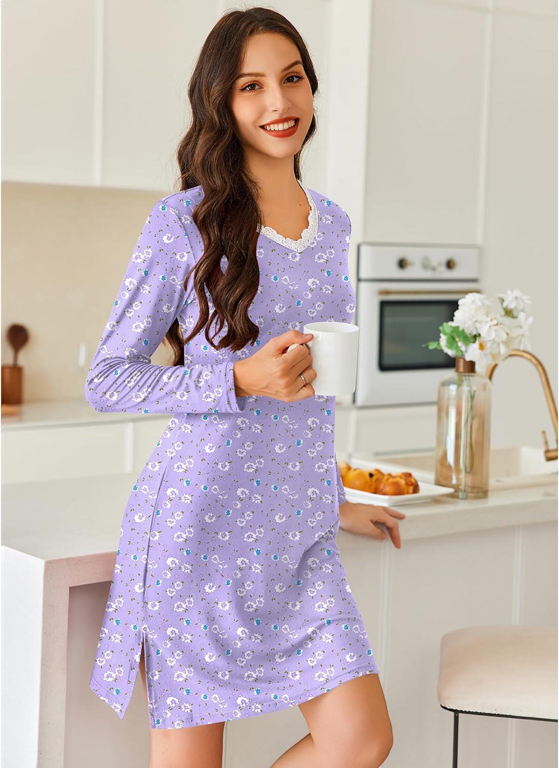 imageEkouaer Long Sleeve Nightgowns for Women Sexy Lace Night Shirt V Neck Sleep Shirt Soft SleepwearPurple Flowers