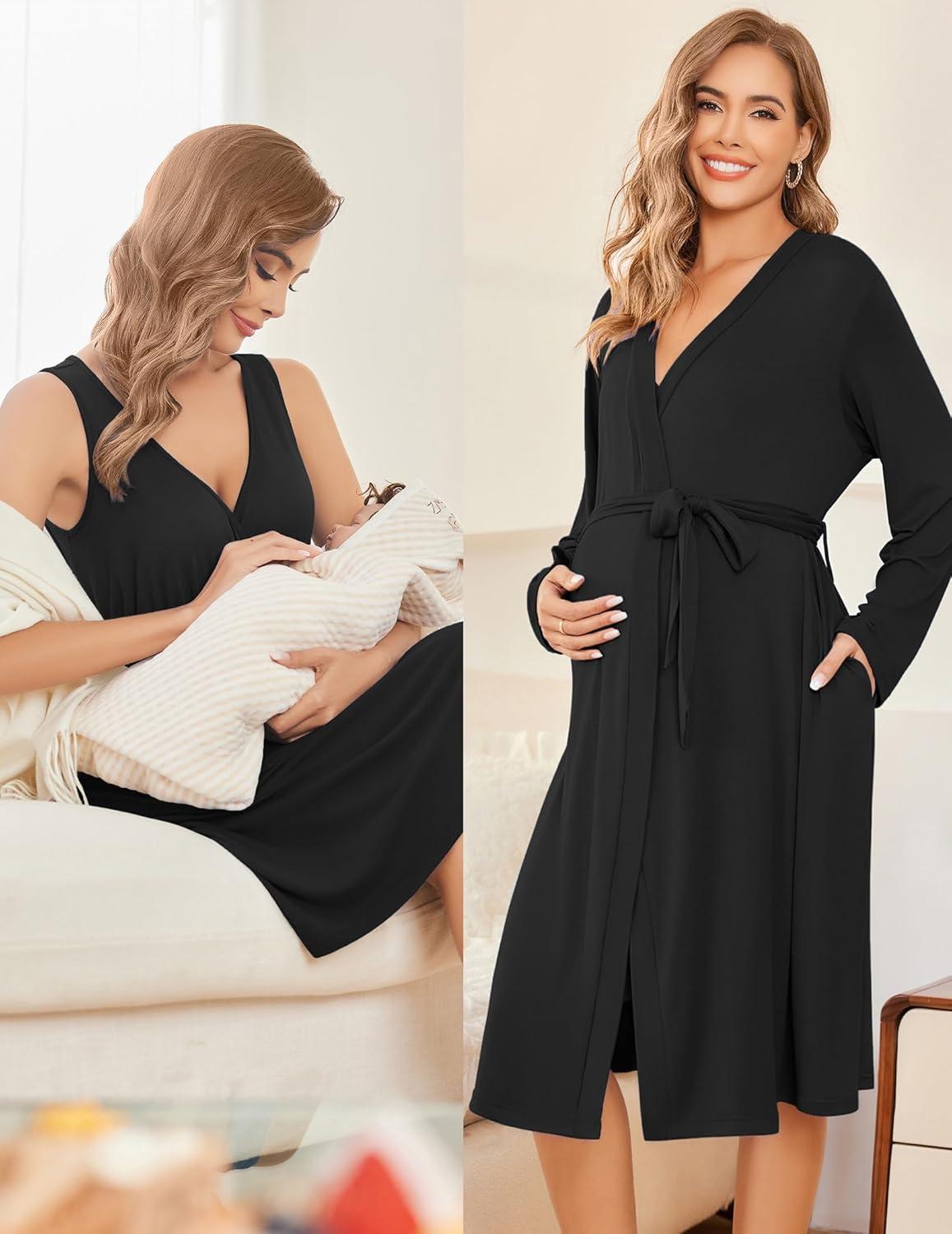 imageEkouaer Maternity Nursing Gown and Robe Set Labor Delivery Nursing Nightgowns for Breastfeeding Pregnancy ClothesBlack
