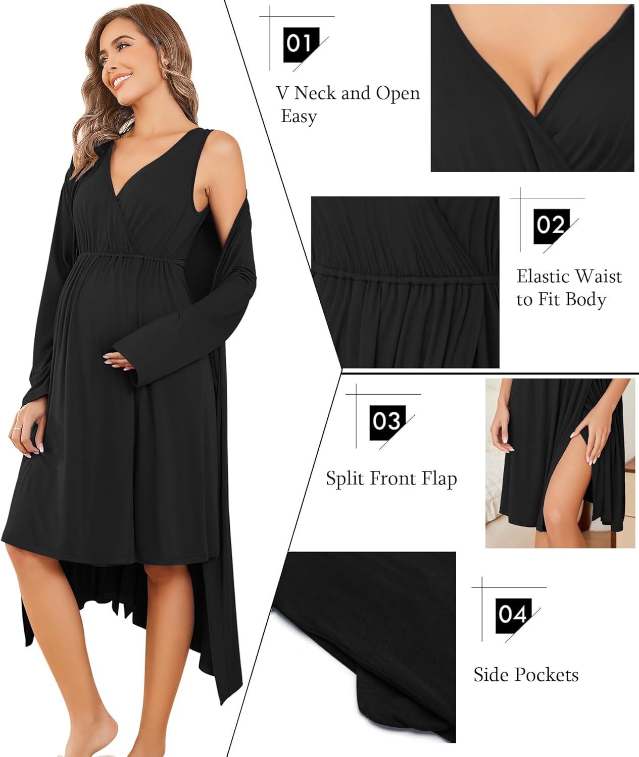 imageEkouaer Maternity Nursing Gown and Robe Set Labor Delivery Nursing Nightgowns for Breastfeeding Pregnancy ClothesBlack