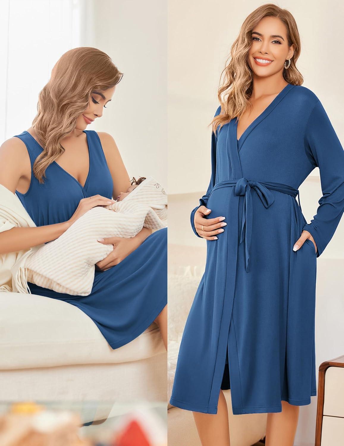 imageEkouaer Maternity Nursing Gown and Robe Set Labor Delivery Nursing Nightgowns for Breastfeeding Pregnancy ClothesBlue