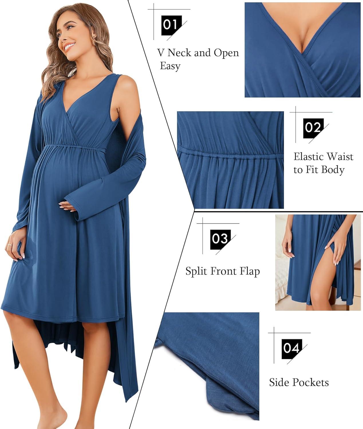 imageEkouaer Maternity Nursing Gown and Robe Set Labor Delivery Nursing Nightgowns for Breastfeeding Pregnancy ClothesBlue