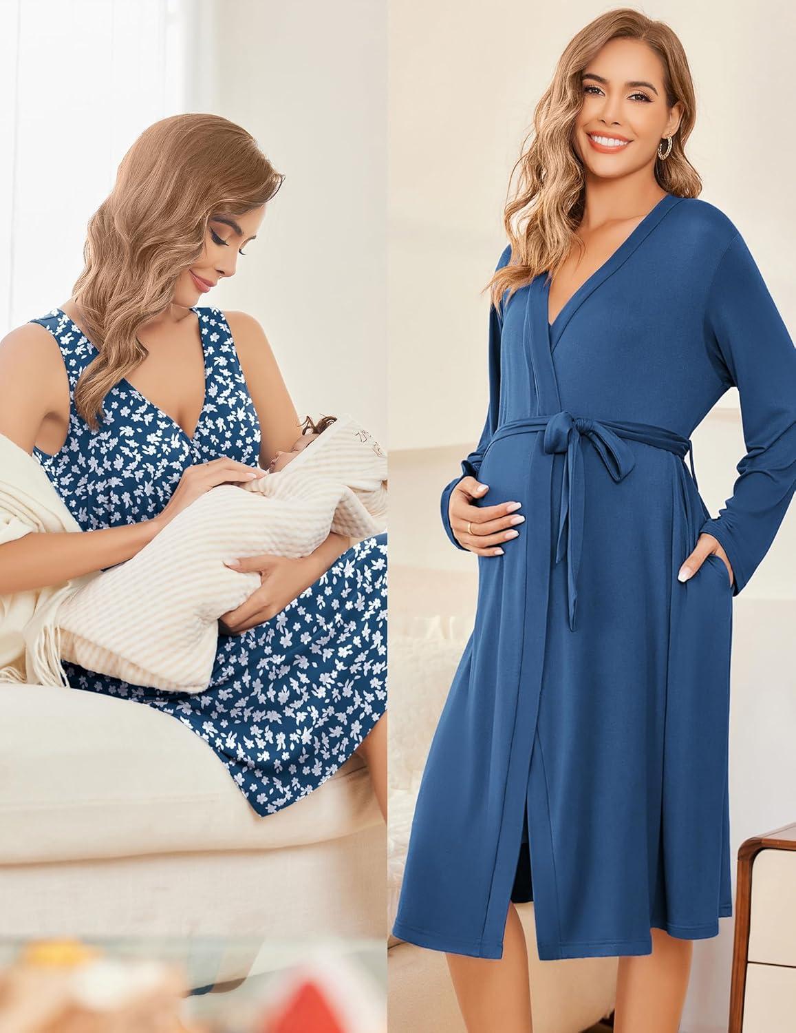 imageEkouaer Maternity Nursing Gown and Robe Set Labor Delivery Nursing Nightgowns for Breastfeeding Pregnancy ClothesBlue Daisy