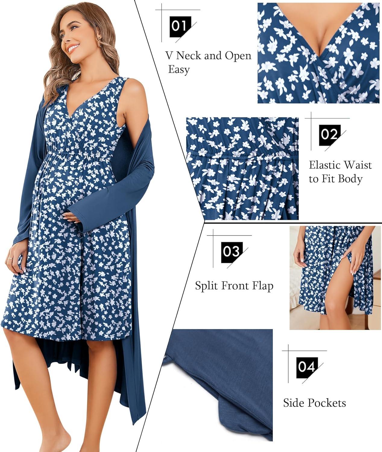 imageEkouaer Maternity Nursing Gown and Robe Set Labor Delivery Nursing Nightgowns for Breastfeeding Pregnancy ClothesBlue Daisy