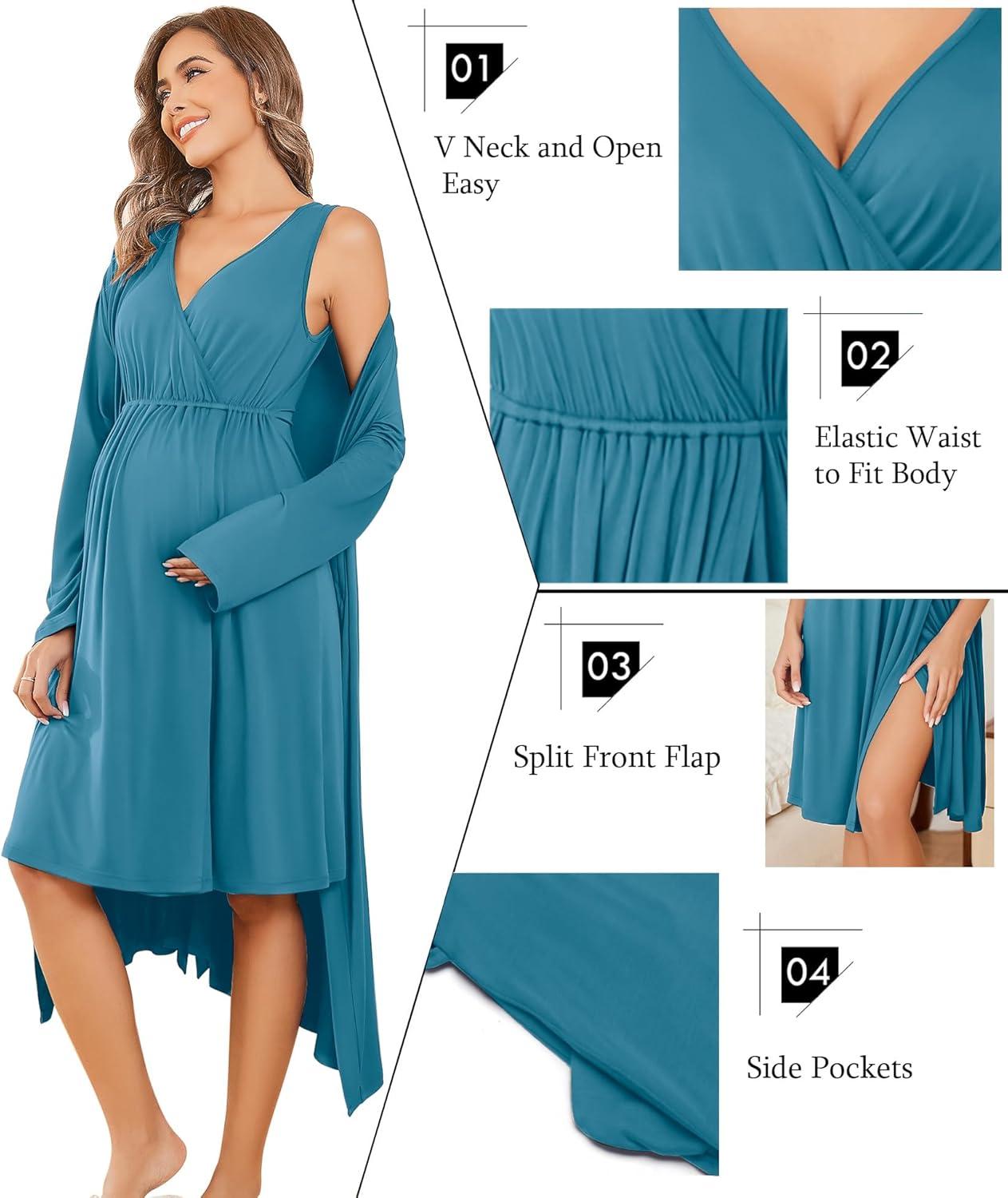 imageEkouaer Maternity Nursing Gown and Robe Set Labor Delivery Nursing Nightgowns for Breastfeeding Pregnancy ClothesBlue Green