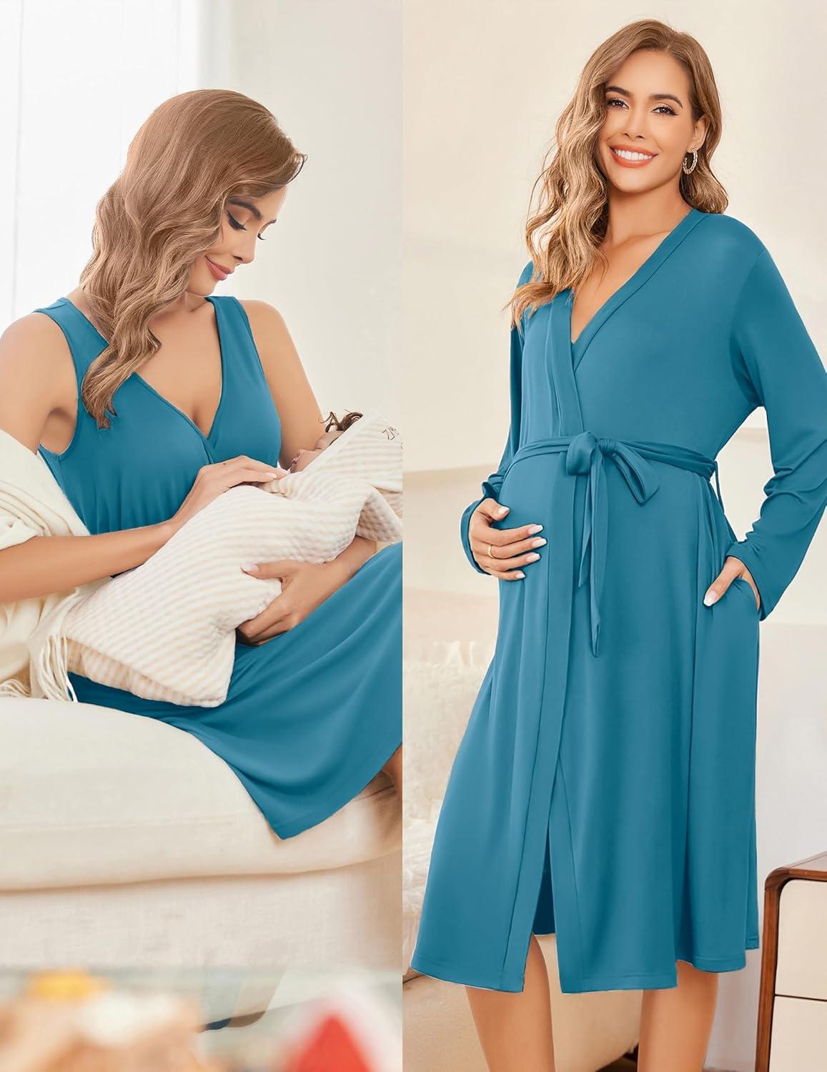 imageEkouaer Maternity Nursing Gown and Robe Set Labor Delivery Nursing Nightgowns for Breastfeeding Pregnancy ClothesBlue Green