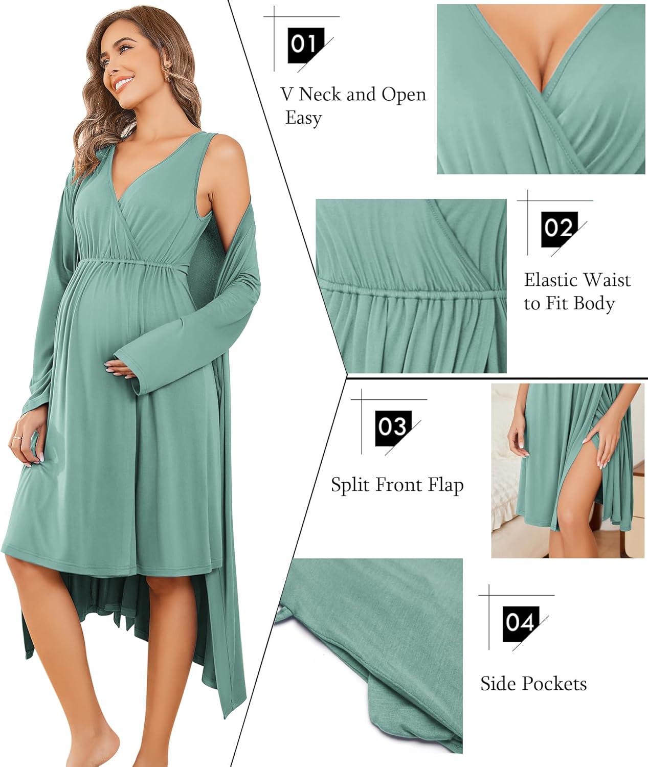 imageEkouaer Maternity Nursing Gown and Robe Set Labor Delivery Nursing Nightgowns for Breastfeeding Pregnancy ClothesCeladon Green