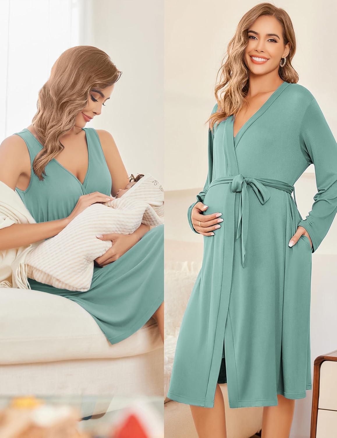 imageEkouaer Maternity Nursing Gown and Robe Set Labor Delivery Nursing Nightgowns for Breastfeeding Pregnancy ClothesCeladon Green