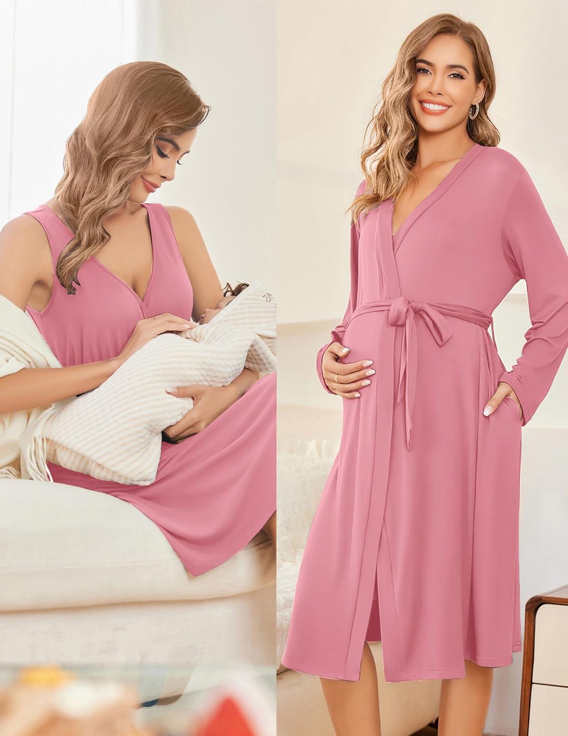 imageEkouaer Maternity Nursing Gown and Robe Set Labor Delivery Nursing Nightgowns for Breastfeeding Pregnancy ClothesCoral Pink