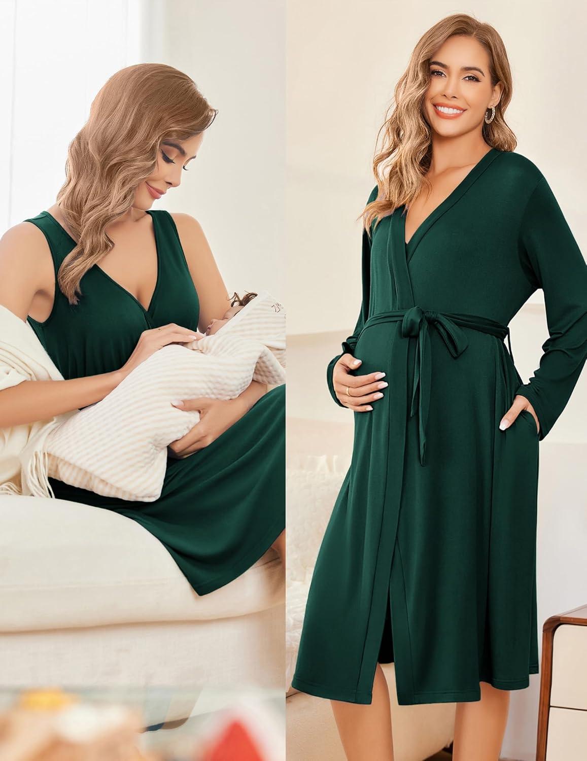imageEkouaer Maternity Nursing Gown and Robe Set Labor Delivery Nursing Nightgowns for Breastfeeding Pregnancy ClothesDark Green