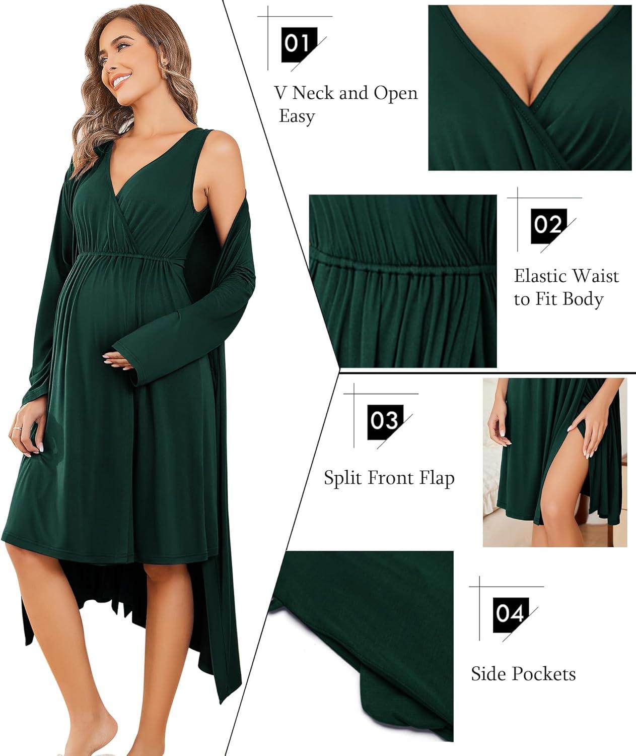 imageEkouaer Maternity Nursing Gown and Robe Set Labor Delivery Nursing Nightgowns for Breastfeeding Pregnancy ClothesDark Green