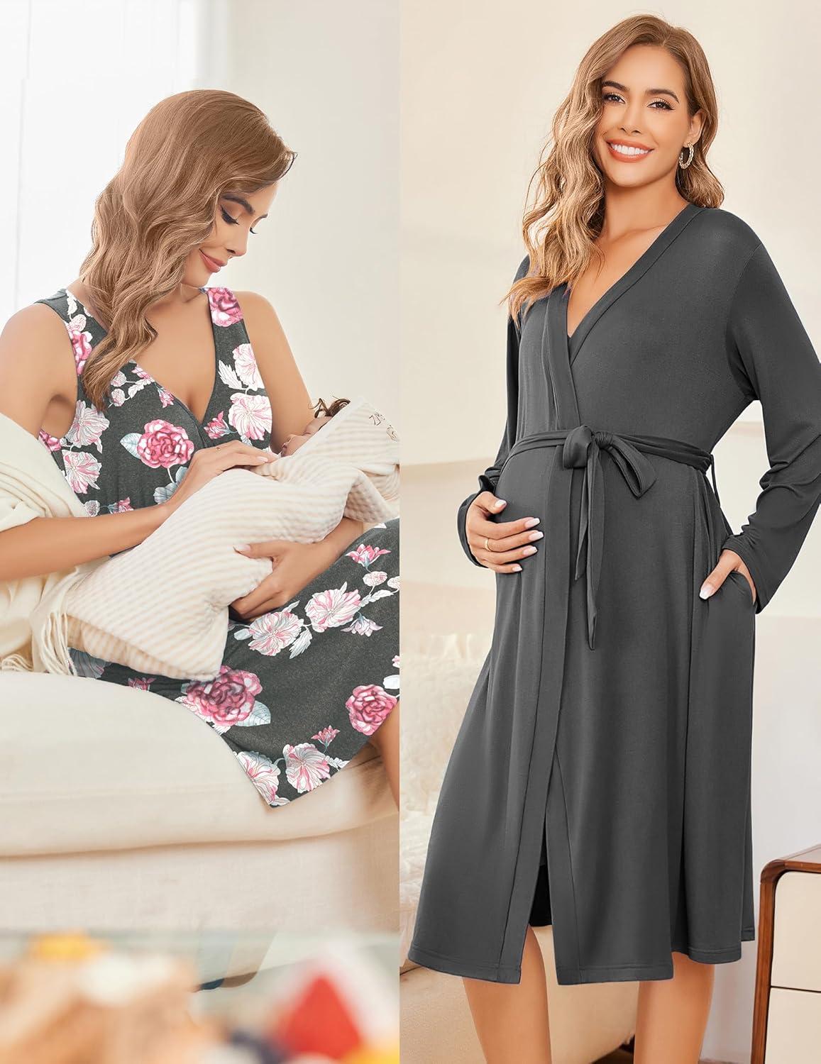 imageEkouaer Maternity Nursing Gown and Robe Set Labor Delivery Nursing Nightgowns for Breastfeeding Pregnancy ClothesDark Greypink Flower