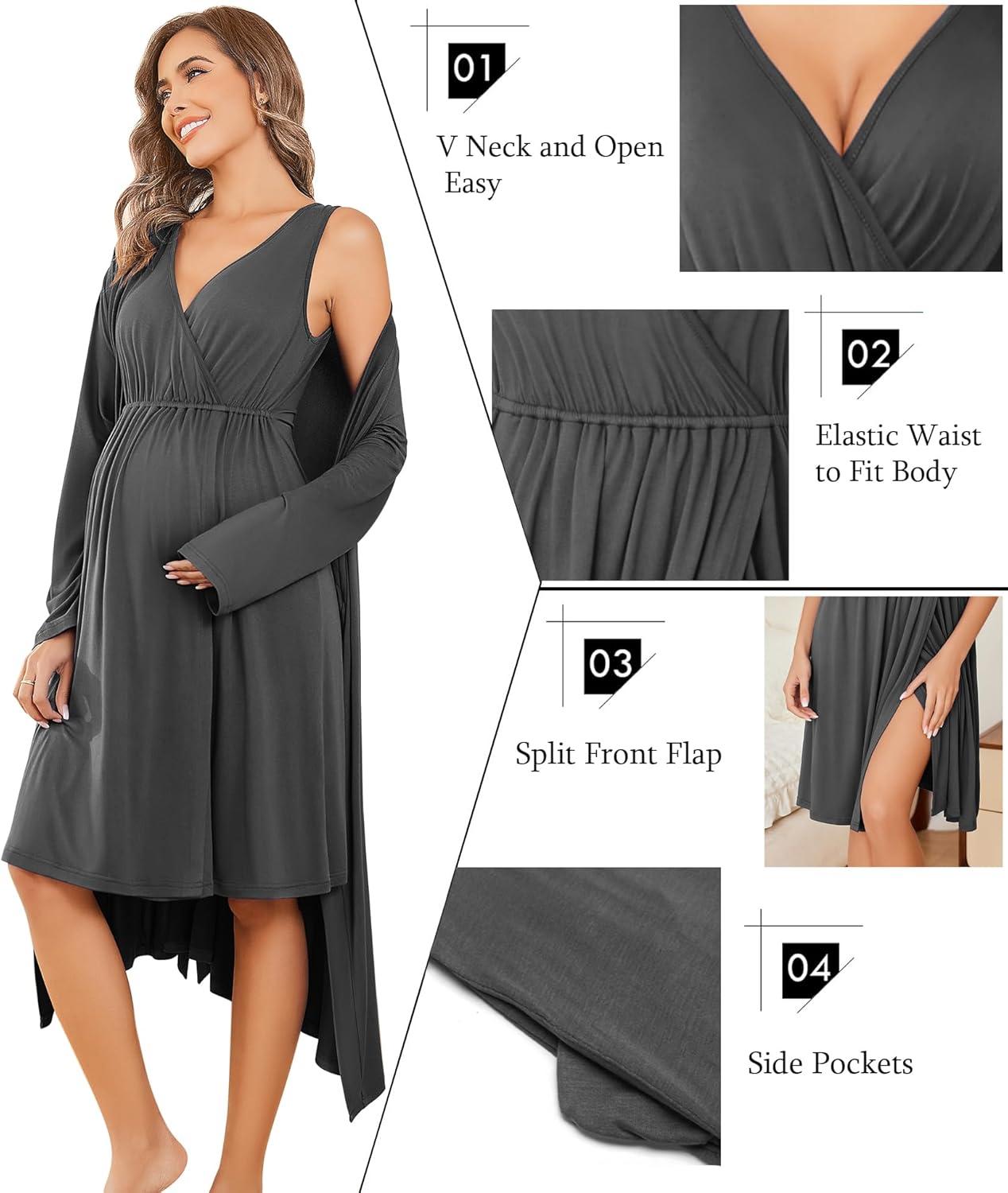 imageEkouaer Maternity Nursing Gown and Robe Set Labor Delivery Nursing Nightgowns for Breastfeeding Pregnancy ClothesDarkgrey