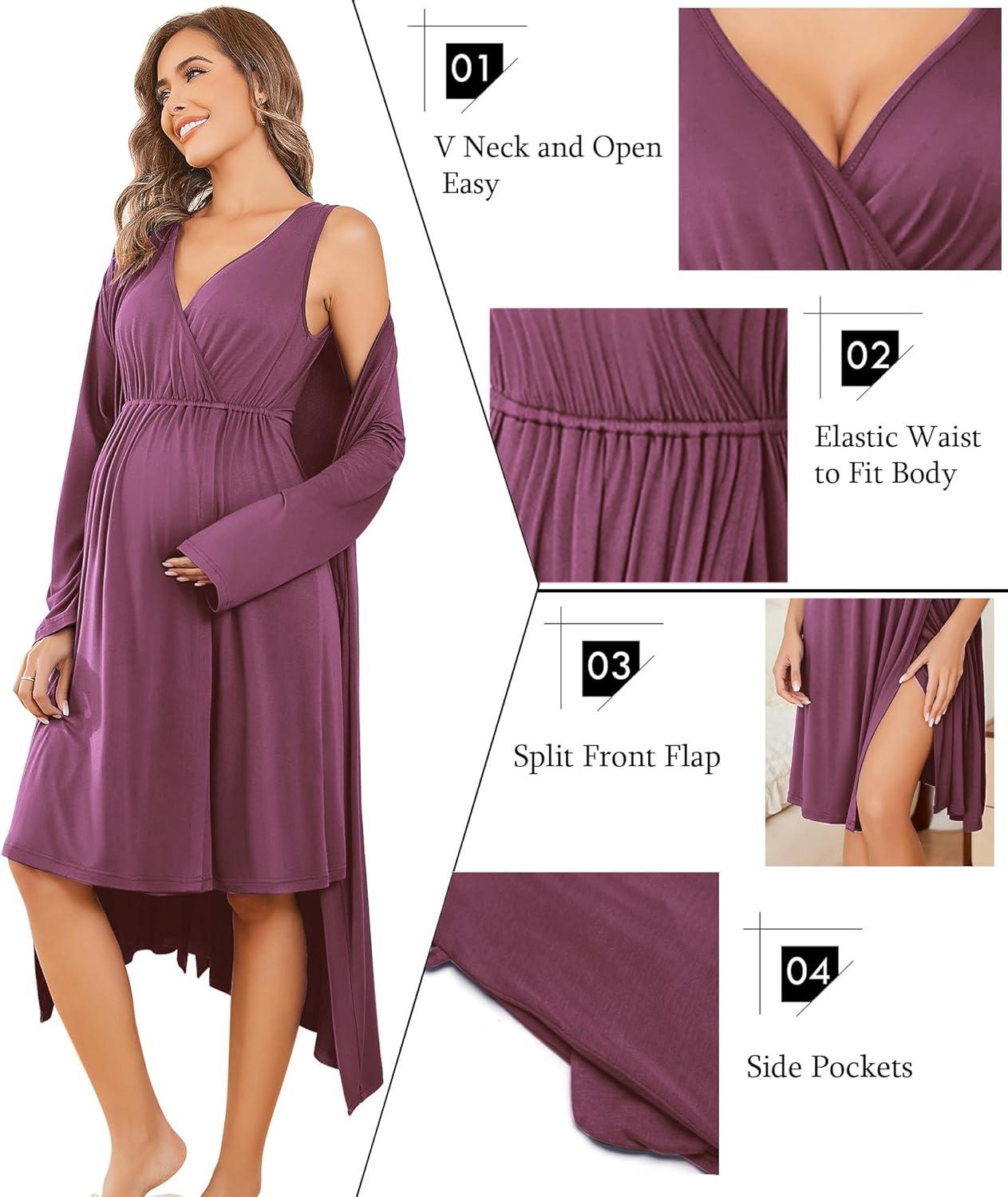 imageEkouaer Maternity Nursing Gown and Robe Set Labor Delivery Nursing Nightgowns for Breastfeeding Pregnancy ClothesGray Purple