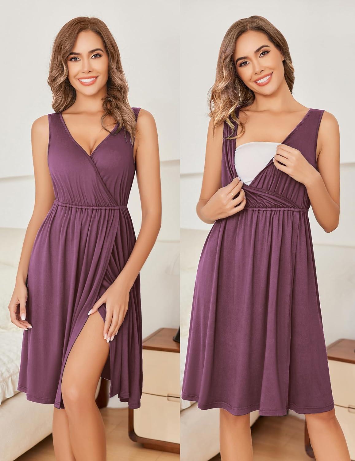 imageEkouaer Maternity Nursing Gown and Robe Set Labor Delivery Nursing Nightgowns for Breastfeeding Pregnancy ClothesGray Purple