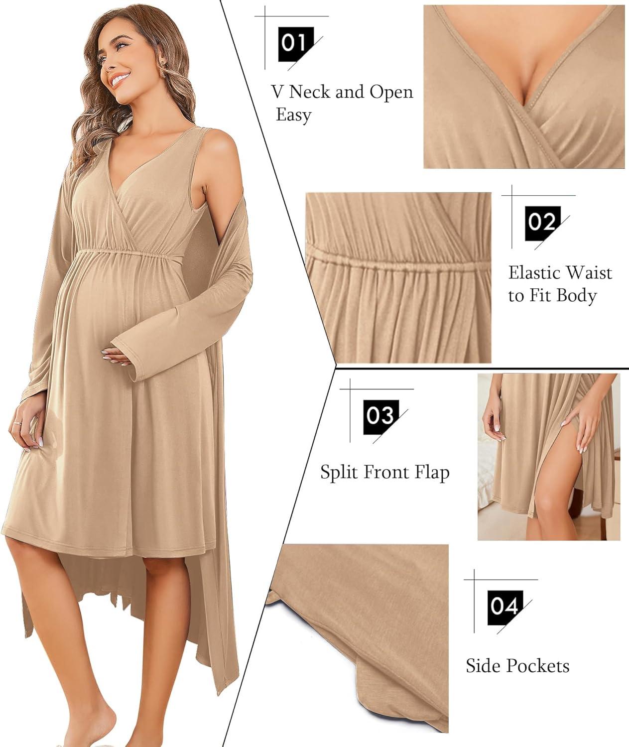 imageEkouaer Maternity Nursing Gown and Robe Set Labor Delivery Nursing Nightgowns for Breastfeeding Pregnancy ClothesKhaki