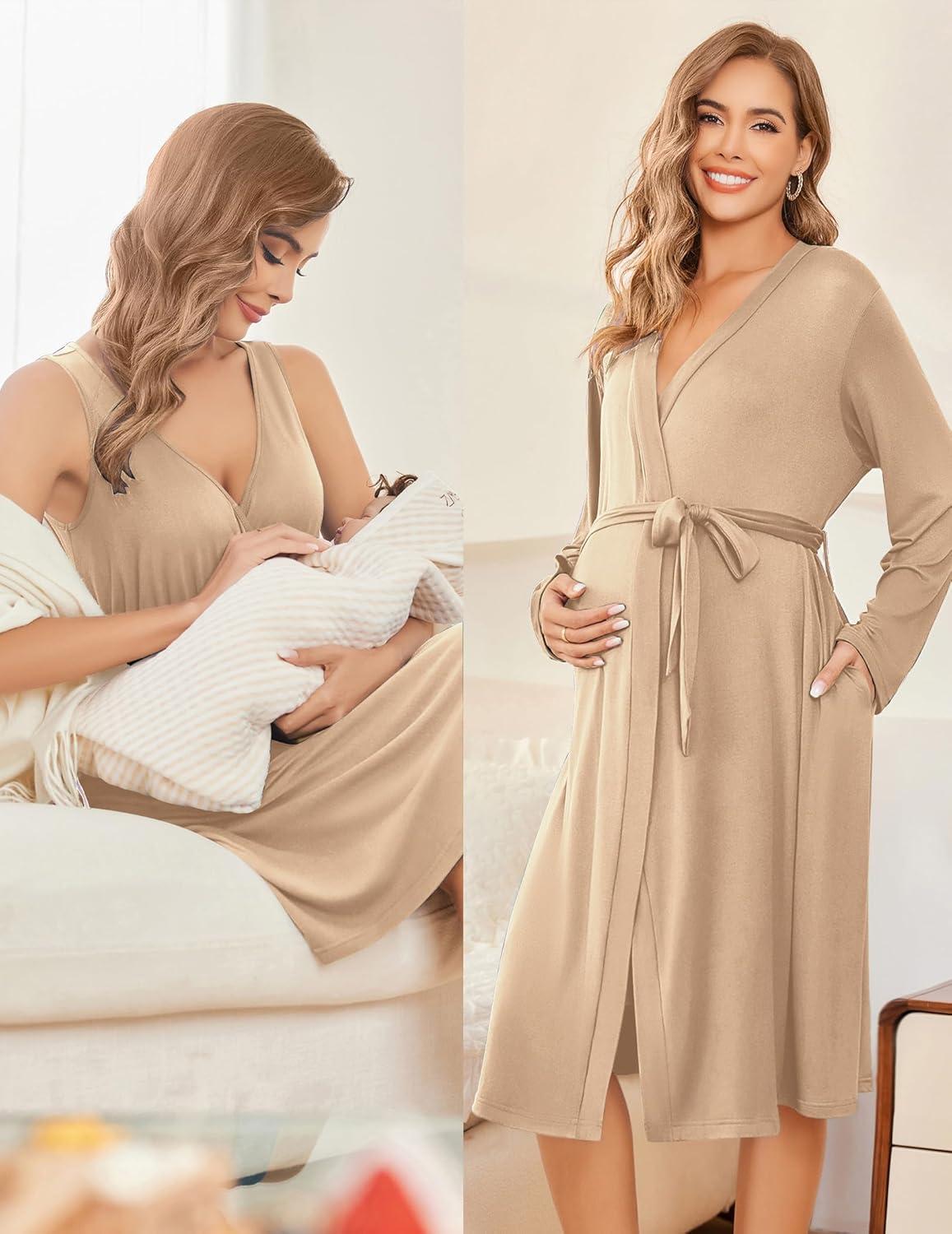 imageEkouaer Maternity Nursing Gown and Robe Set Labor Delivery Nursing Nightgowns for Breastfeeding Pregnancy ClothesKhaki