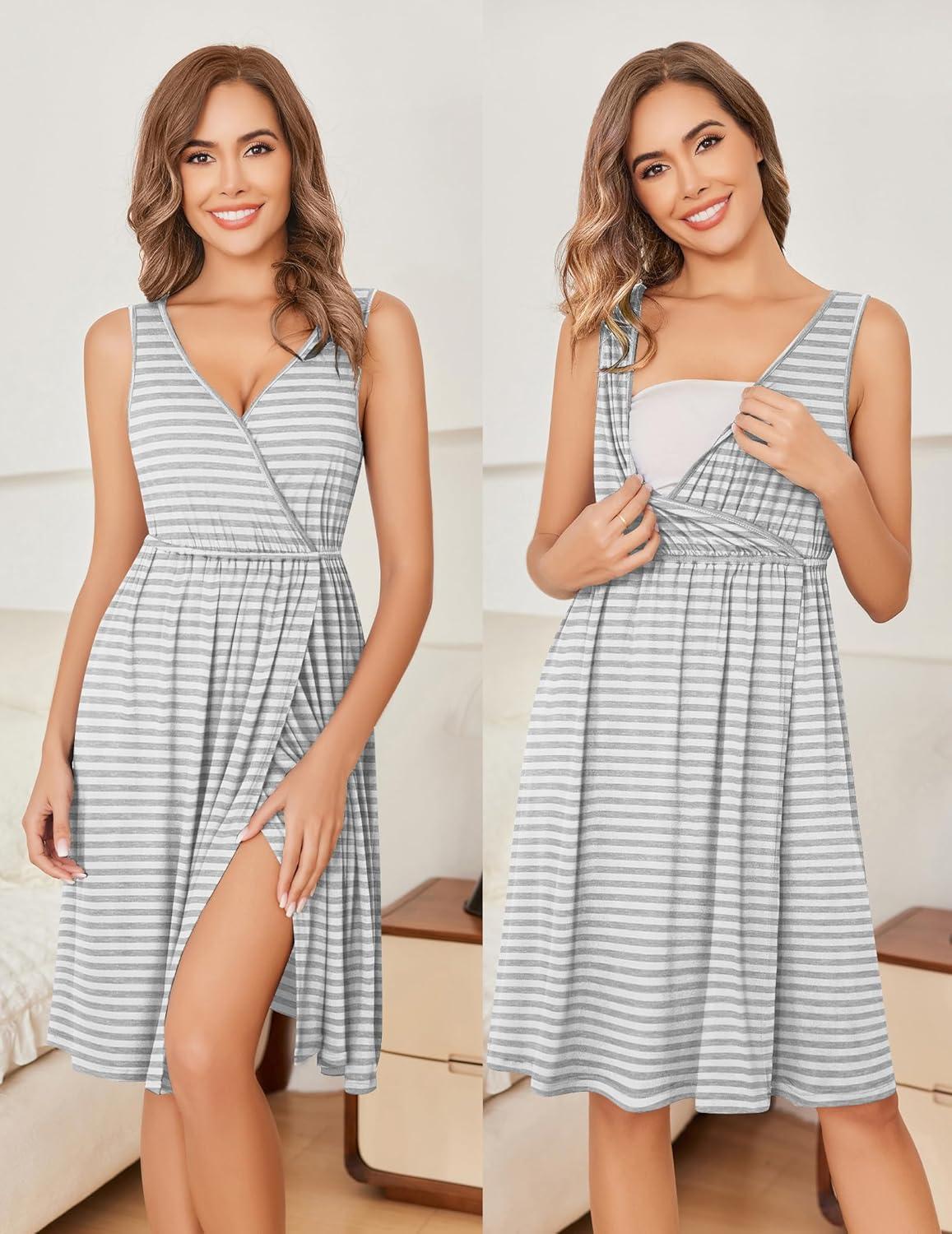 imageEkouaer Maternity Nursing Gown and Robe Set Labor Delivery Nursing Nightgowns for Breastfeeding Pregnancy ClothesLight Grey Stripe