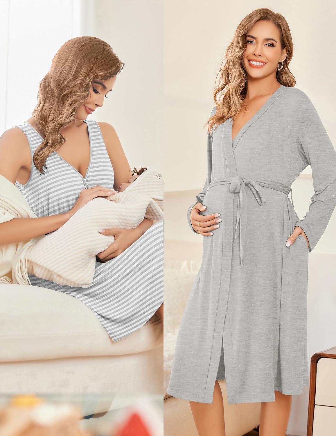 imageEkouaer Maternity Nursing Gown and Robe Set Labor Delivery Nursing Nightgowns for Breastfeeding Pregnancy ClothesLight Grey Stripe