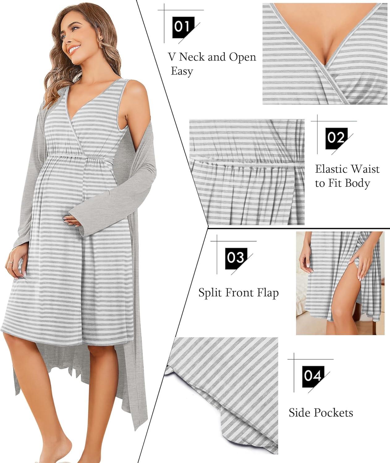 imageEkouaer Maternity Nursing Gown and Robe Set Labor Delivery Nursing Nightgowns for Breastfeeding Pregnancy ClothesLight Grey Stripe