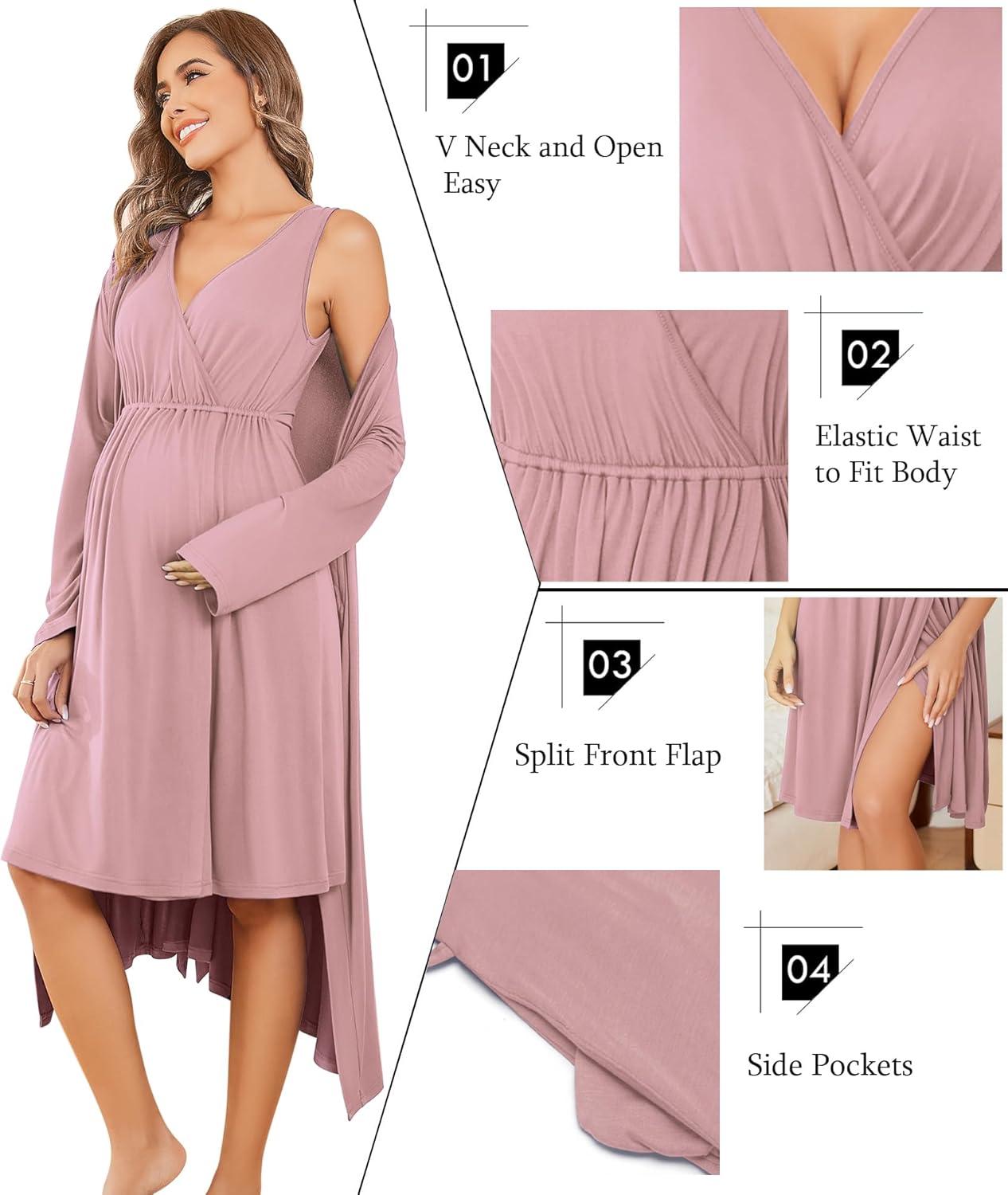 imageEkouaer Maternity Nursing Gown and Robe Set Labor Delivery Nursing Nightgowns for Breastfeeding Pregnancy ClothesMauve