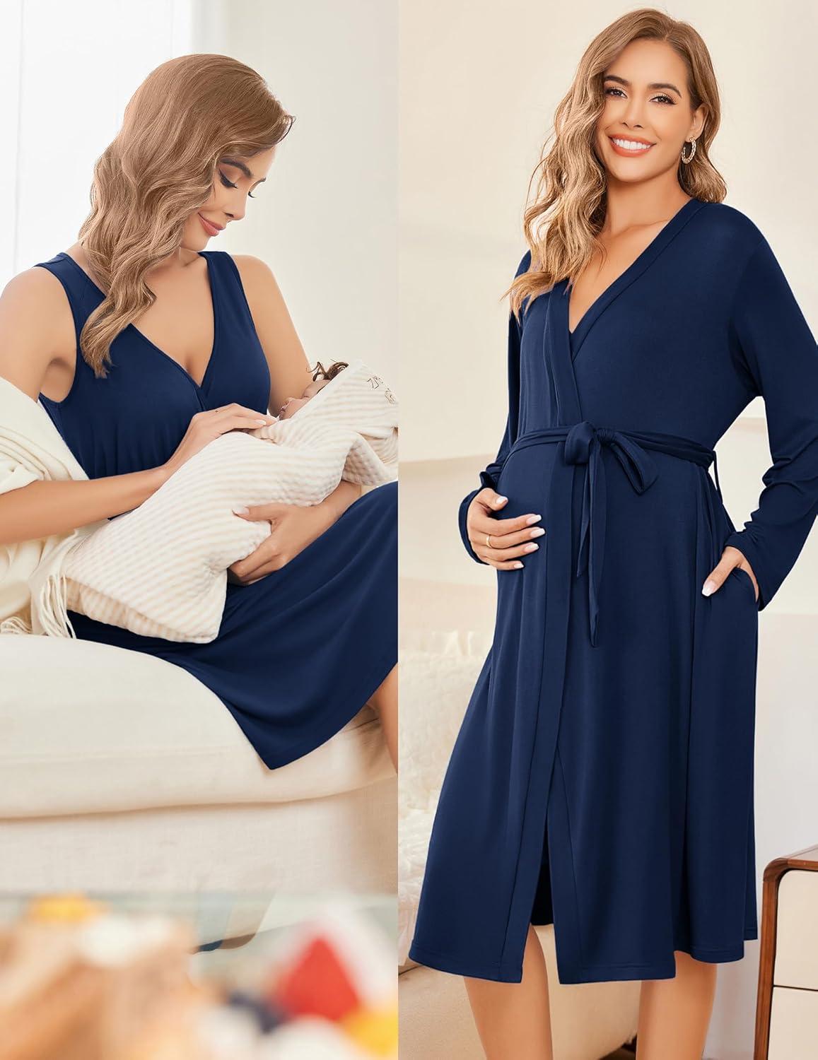 imageEkouaer Maternity Nursing Gown and Robe Set Labor Delivery Nursing Nightgowns for Breastfeeding Pregnancy ClothesNavy Blue