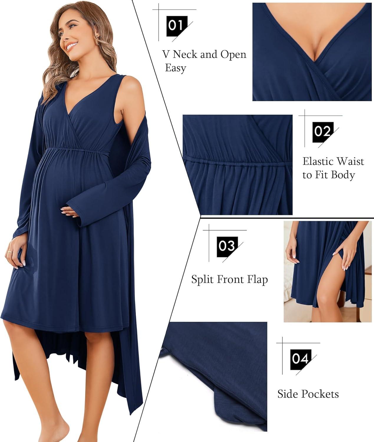 imageEkouaer Maternity Nursing Gown and Robe Set Labor Delivery Nursing Nightgowns for Breastfeeding Pregnancy ClothesNavy Blue