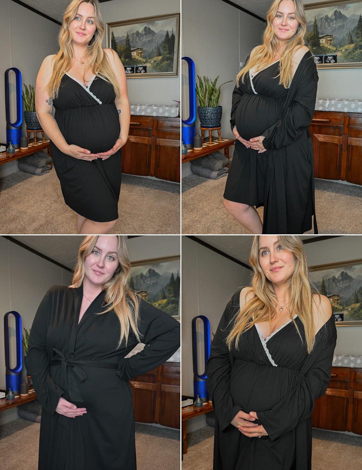 imageEkouaer Maternity Nursing Gown and Robe Set Lace Nursing Nightgown for Breastfeeding Labor Delivery gowns for HospitalA Black
