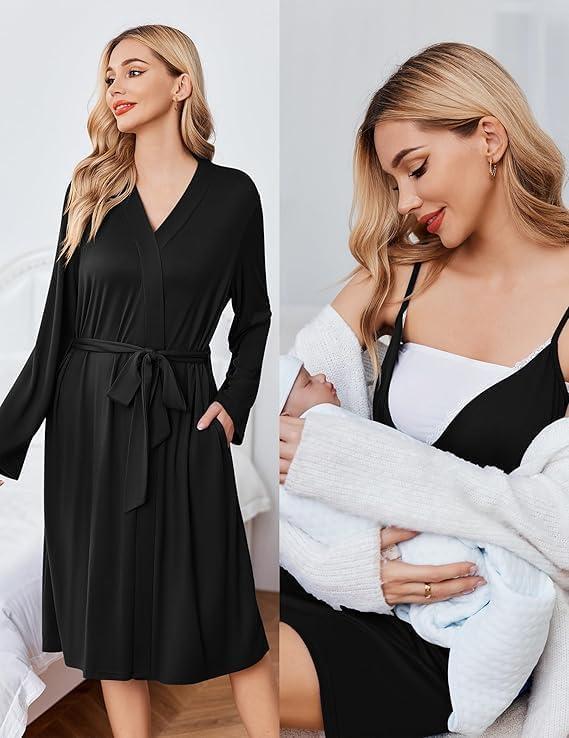 imageEkouaer Maternity Nursing Gown and Robe Set Lace Nursing Nightgown for Breastfeeding Labor Delivery gowns for HospitalA Black