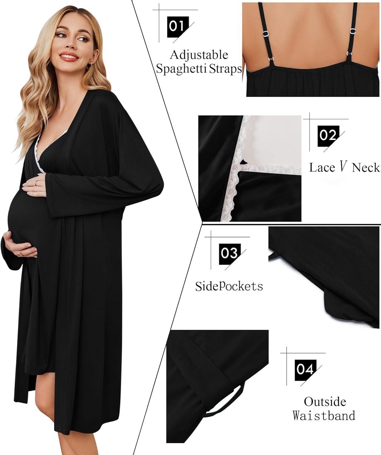 imageEkouaer Maternity Nursing Gown and Robe Set Lace Nursing Nightgown for Breastfeeding Labor Delivery gowns for HospitalA Black
