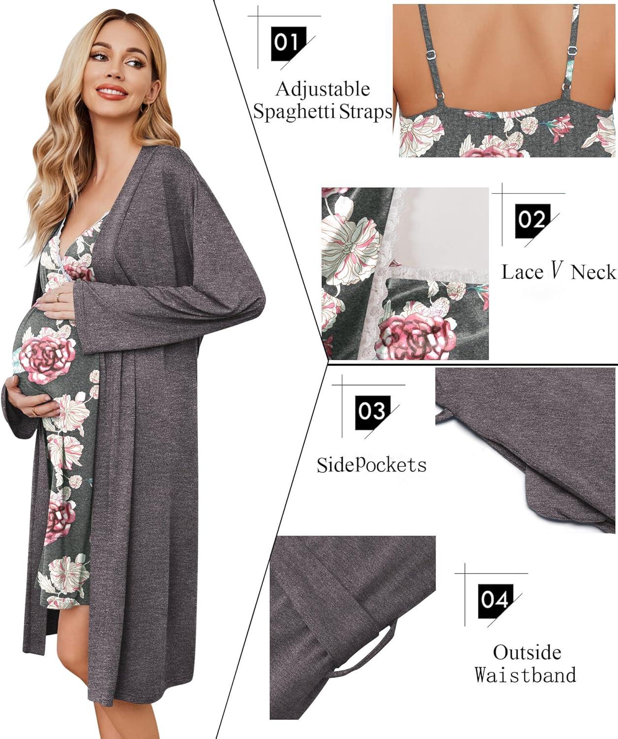 imageEkouaer Maternity Nursing Gown and Robe Set Lace Nursing Nightgown for Breastfeeding Labor Delivery gowns for HospitalA Light Grey Flower