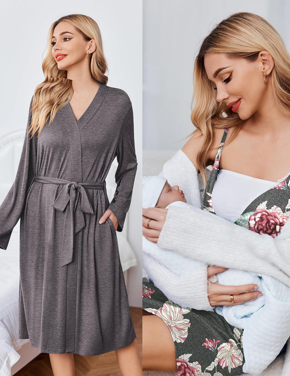 imageEkouaer Maternity Nursing Gown and Robe Set Lace Nursing Nightgown for Breastfeeding Labor Delivery gowns for HospitalA Light Grey Flower