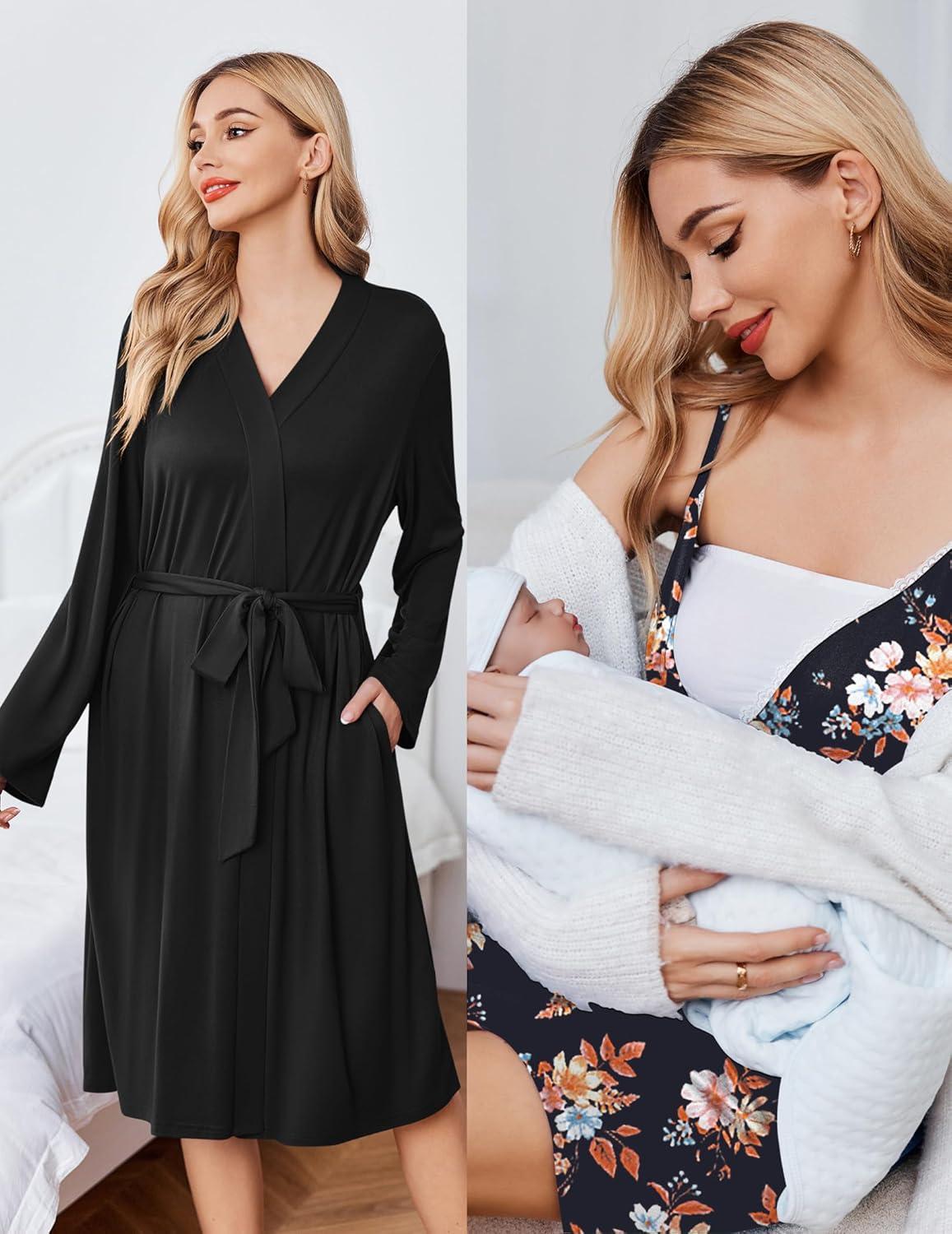 imageEkouaer Maternity Nursing Gown and Robe Set Lace Nursing Nightgown for Breastfeeding Labor Delivery gowns for HospitalBlack Flower