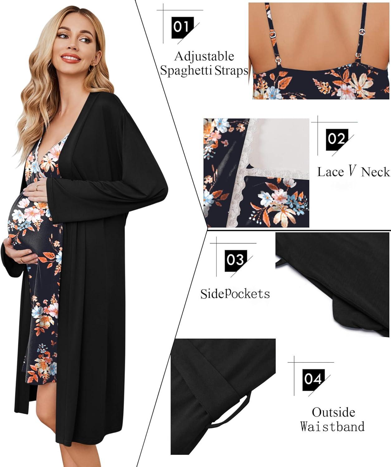 imageEkouaer Maternity Nursing Gown and Robe Set Lace Nursing Nightgown for Breastfeeding Labor Delivery gowns for HospitalBlack Flower